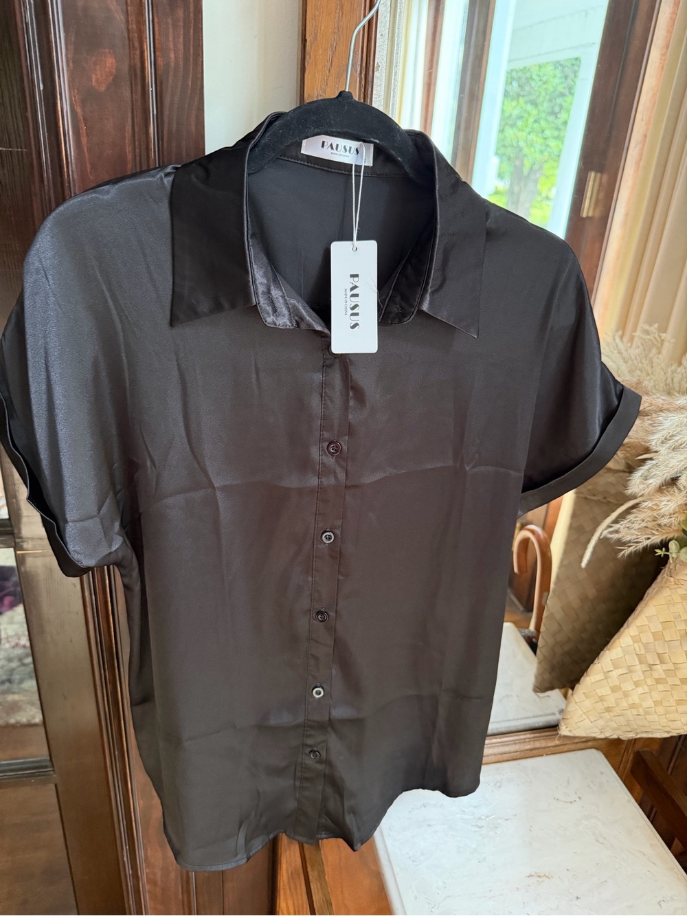Satin Black Short Sleeve Button Blouse